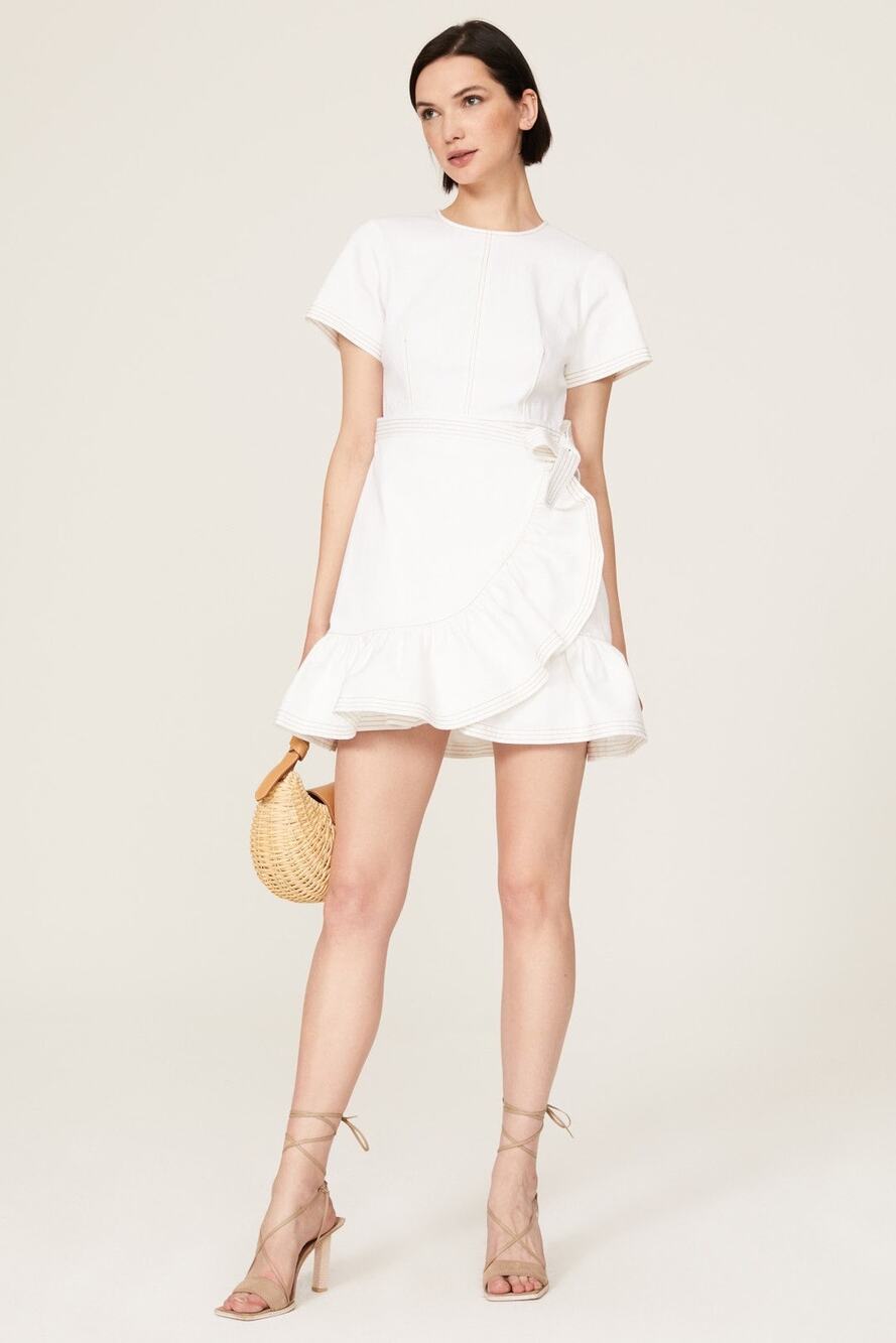 CINQ A SEPT White Cotton Crewneck Denim Wrap Mini Ruffle Josi Dress Size 2